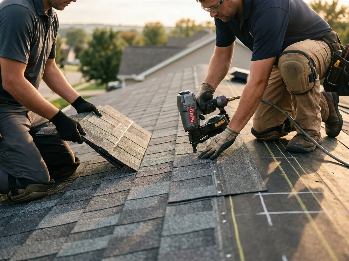 Professional roofer working on a residential roof in Olympia Heights